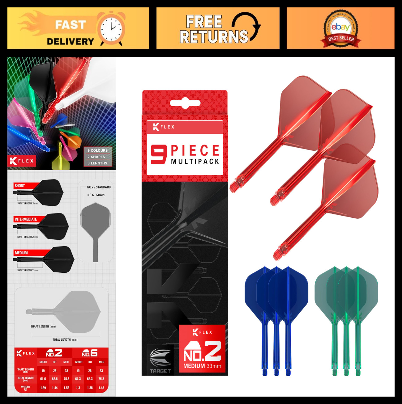 Integrated Dart Flights and Shafts 9 Pack Bundle - Short, Medium, Long | 3 Color