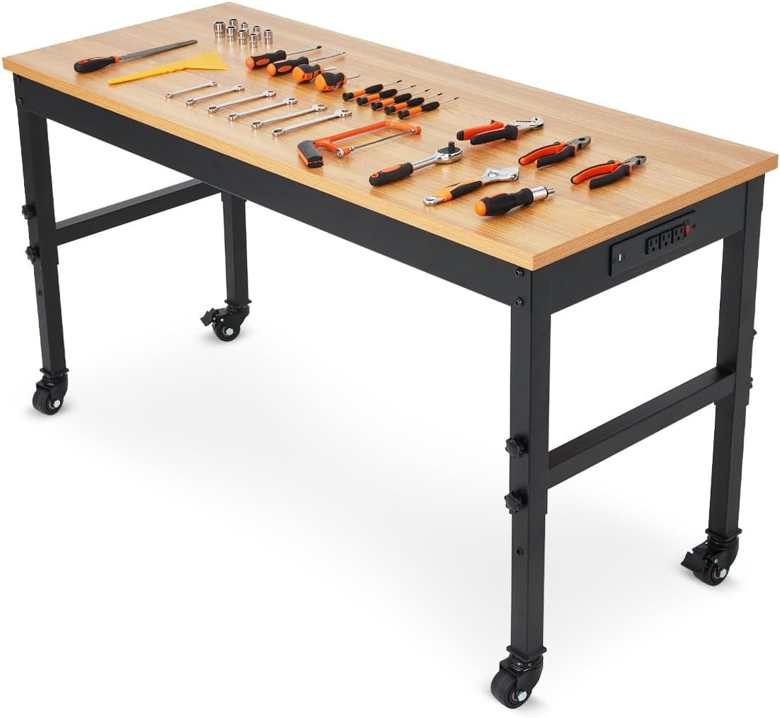 60in Adjustable Garage Workbench w/ Power Outlet Rolling Tool Bench 2500LB