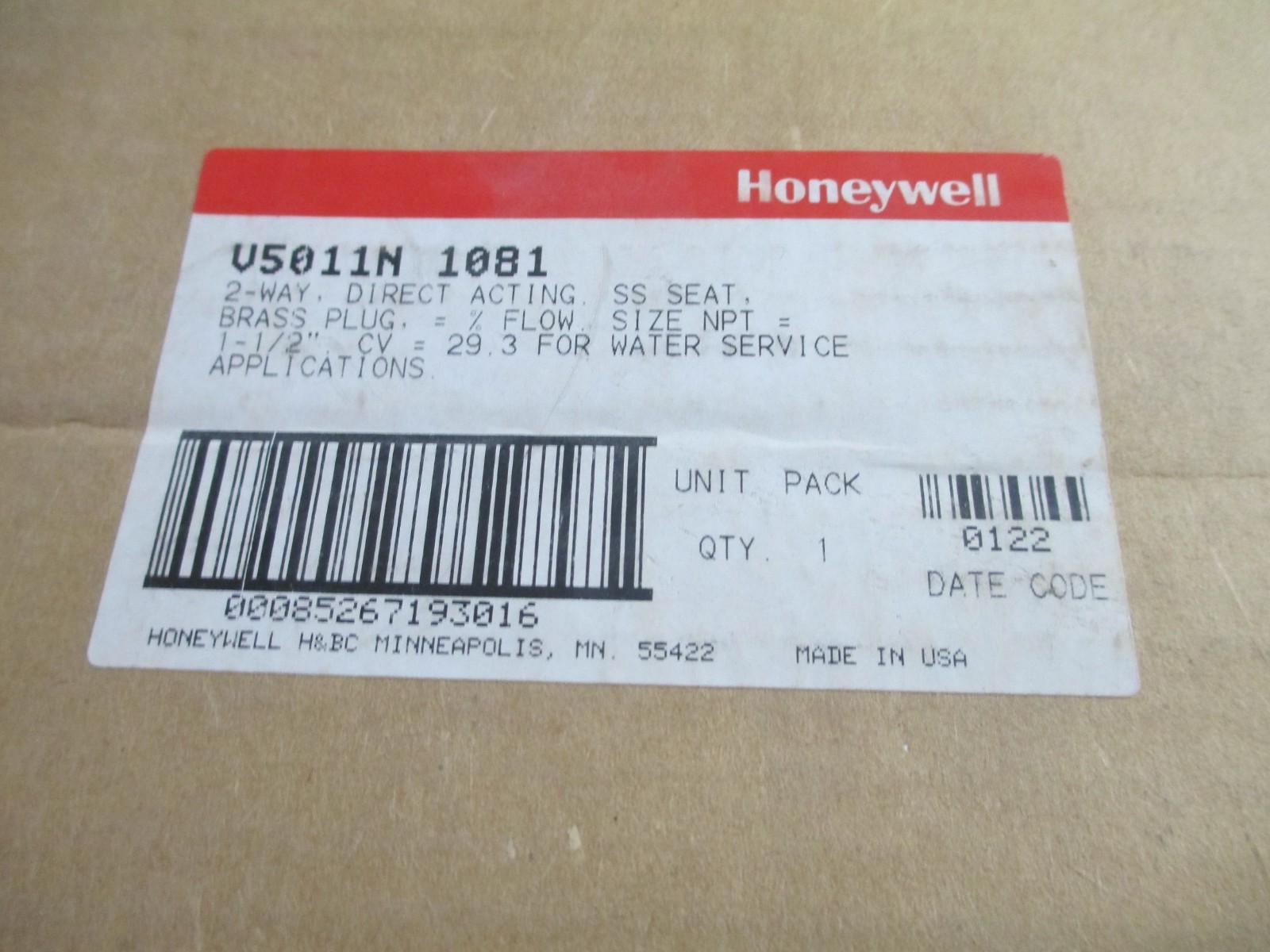 Honeywell V5011N1081 Pneumatic Valve NEW! 1-1/2"