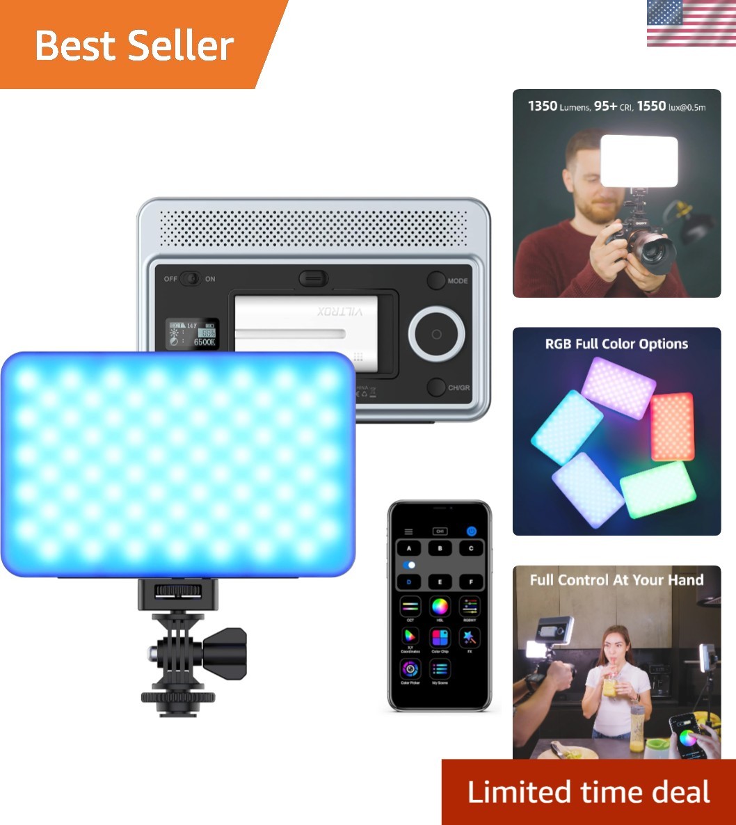 Dimmable RGB LED Video Light with NP-F550 Battery: 1350 Lumens, Portable Design
