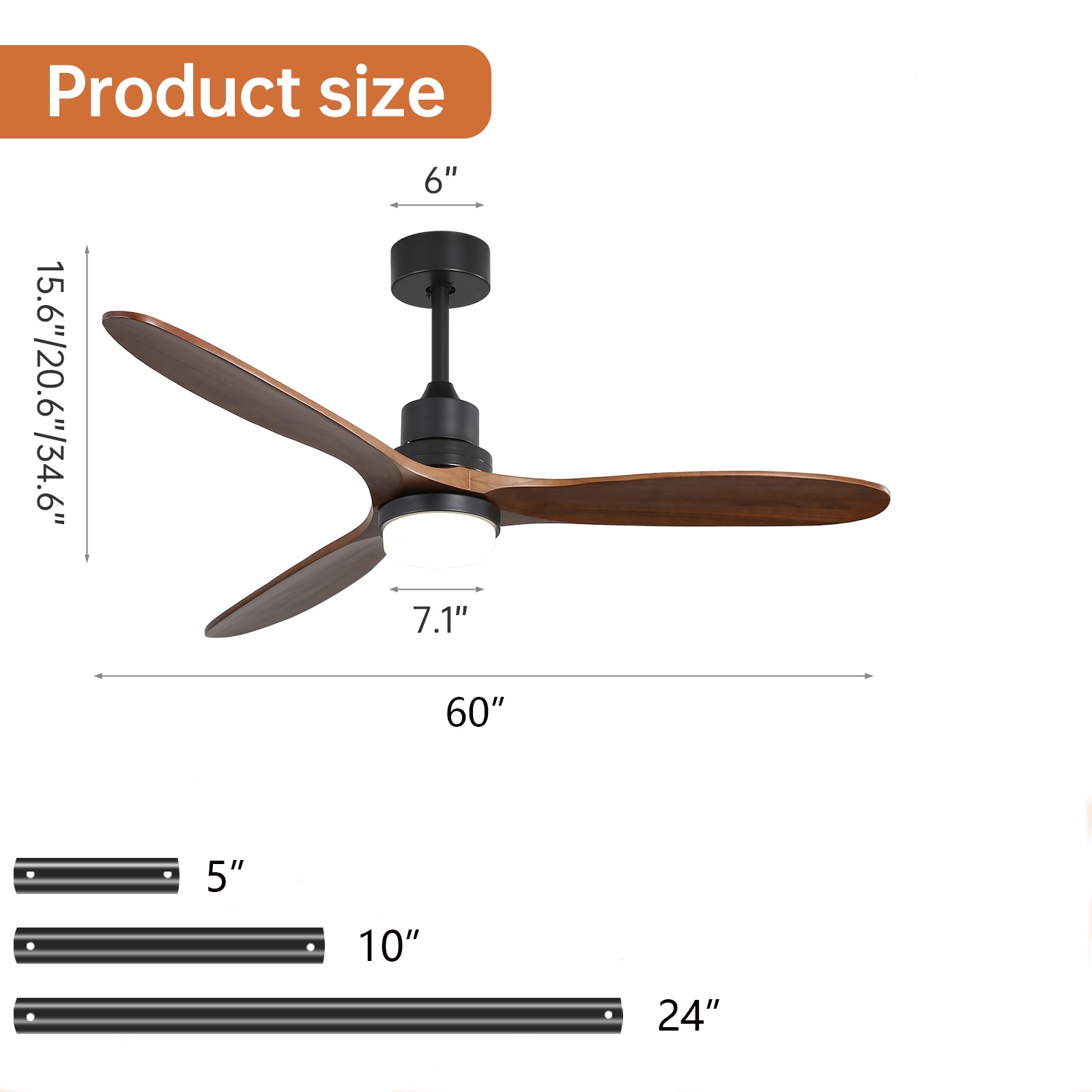 60" Ceiling Fan With Lights 3 Solid Wood Fan Blade Noiseless Reversible Motor