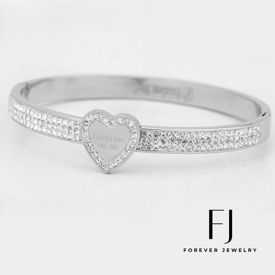 Women's 6.5" Stainless Steel heart Stone CZ Bangle Bracelet,High Polish*Box