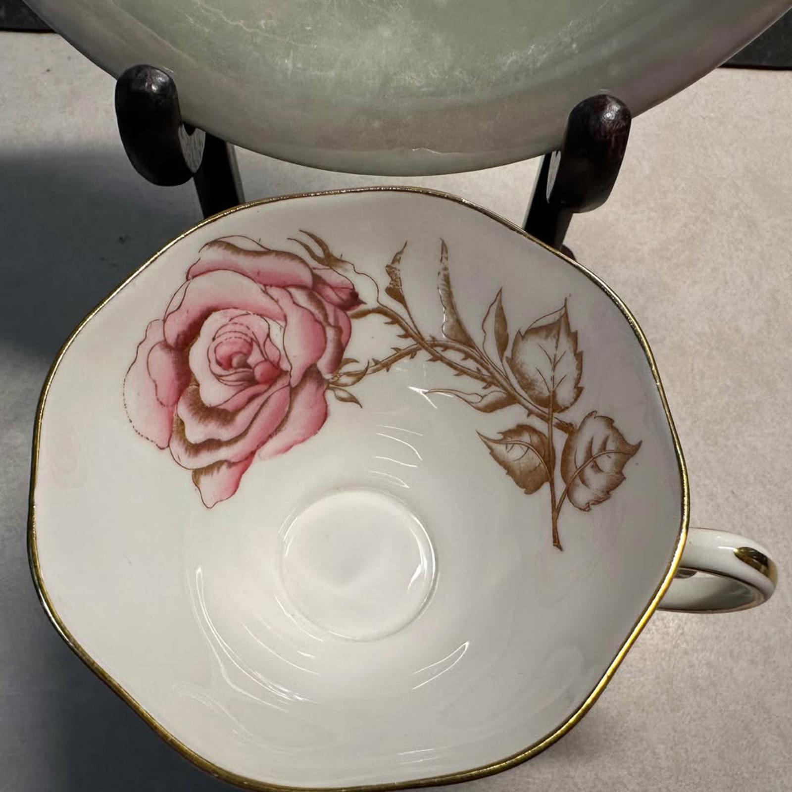 vintage Foley Shelley Tea cup and saucer green with pink roses #3255