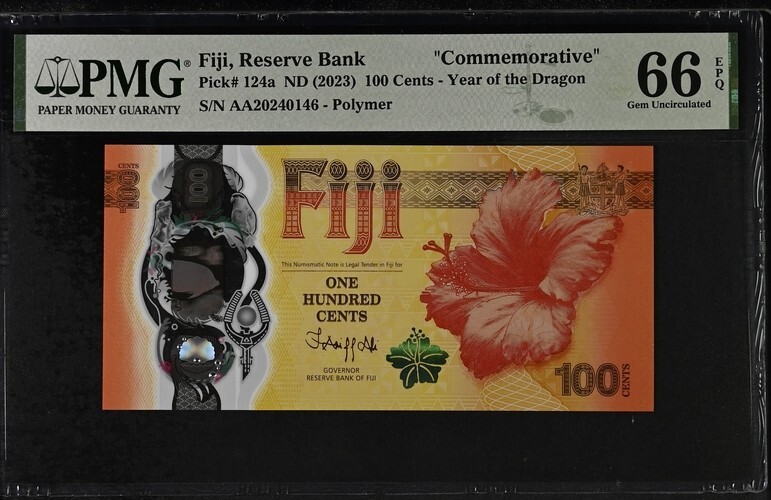 Fiji 100 Cents ND2023(2024) P124 UNC - Polymer / PMG GEM66EPQ / Prefix AA