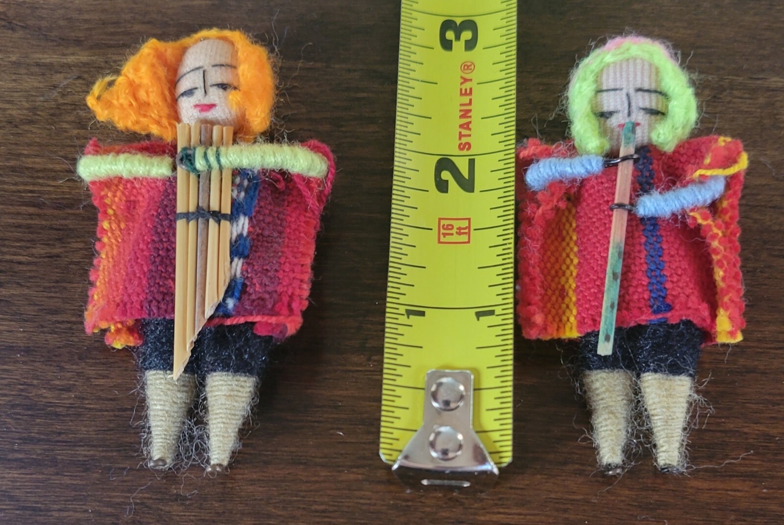Vintage Pair Small Peruvian Folk Doll Handmade 2.50" Holding Musical Instruments