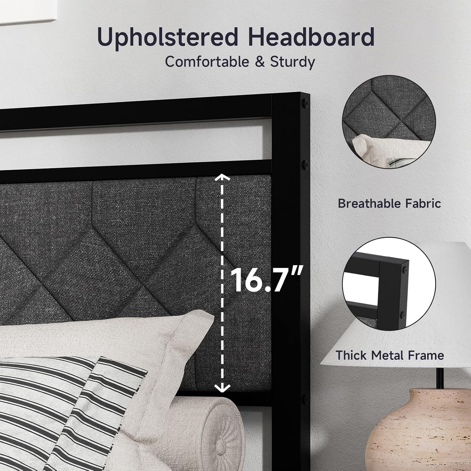 Easy Assembly Upholstered Queen Bed Frame&Soft Padded Headboard | Metal