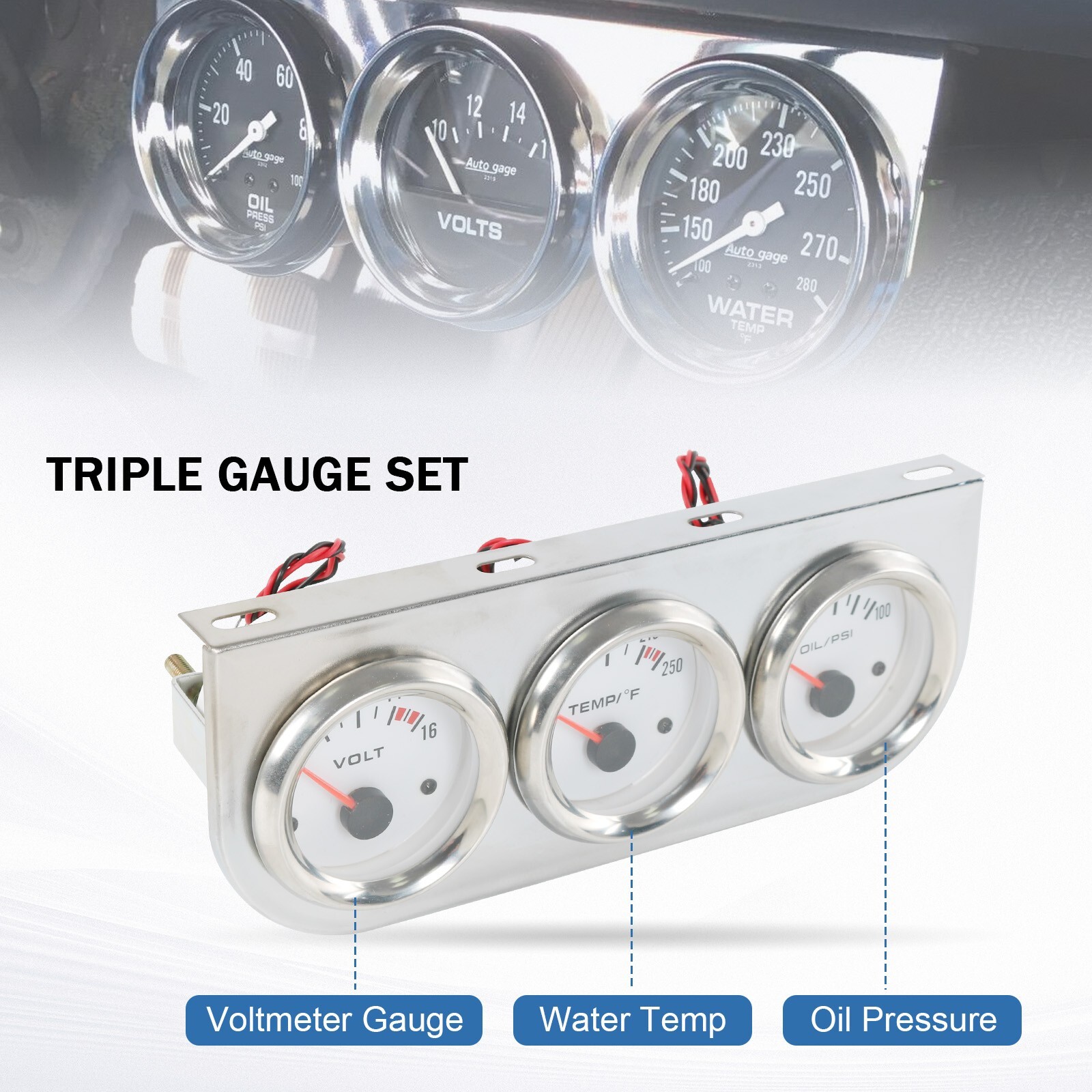 Chrome 2'' 52mm Mechanical Triple 3 Gauge Set Oil Pressure Volt Meter Water Temp