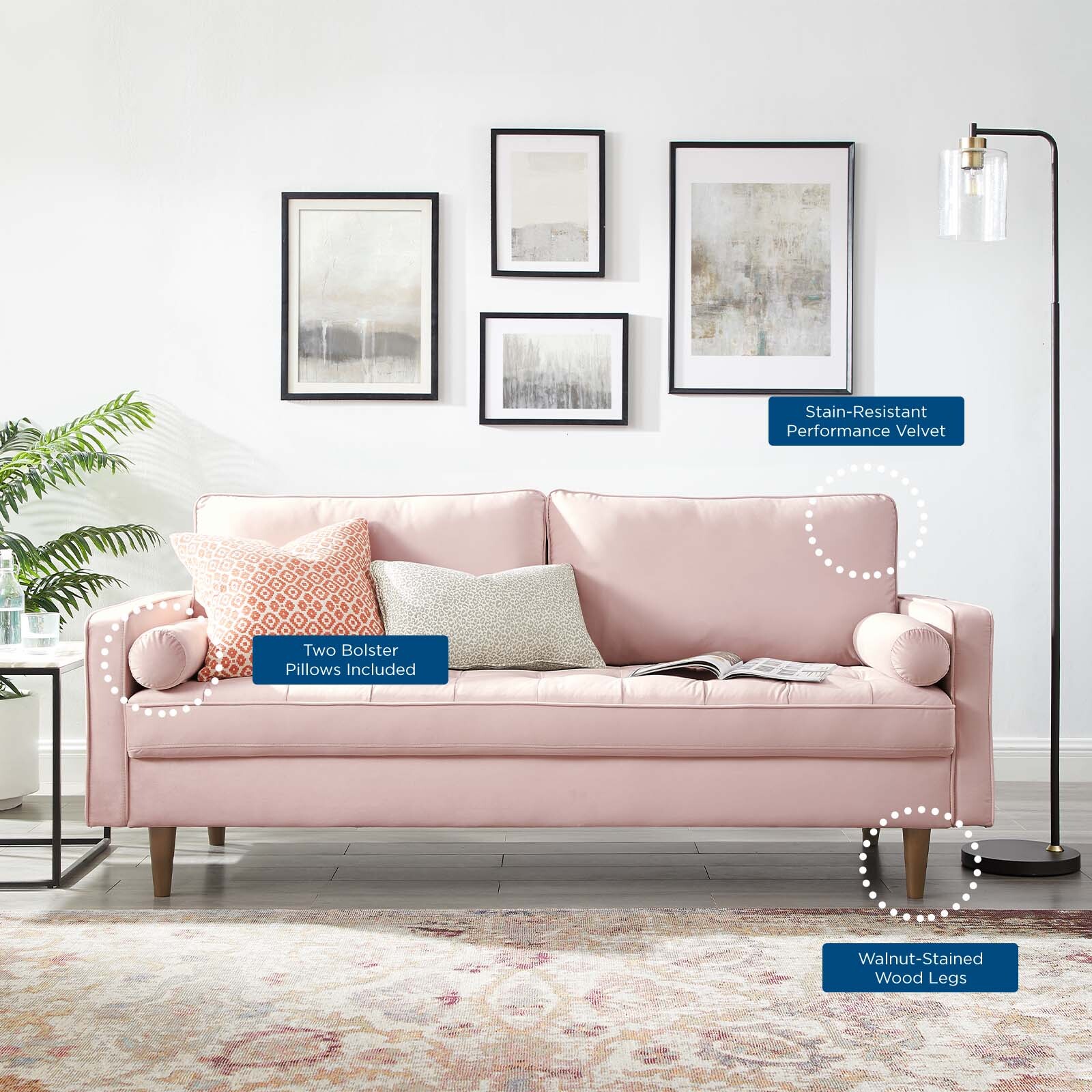 Modway Valour Performance Velvet Upholstered Tufted Sofa In Pink