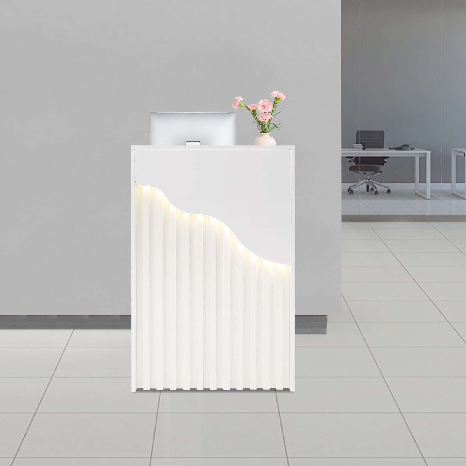 Melamine Reception Desk LED Light Front Counter Checkout Desk with Storage