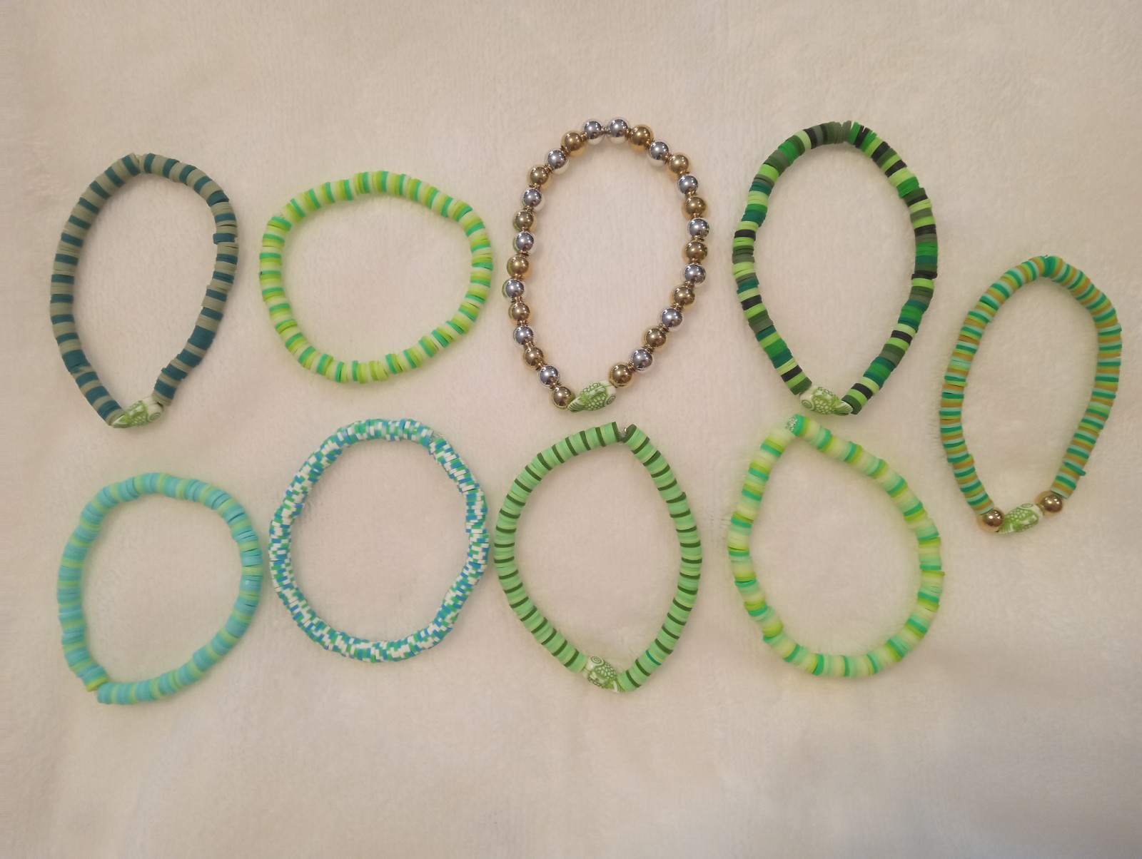 9 pk. Layerable Green Clay Bead Handcrafted Bracelets! New!