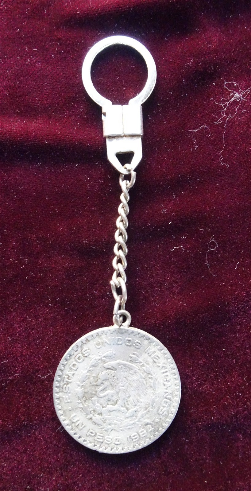 1964 Mexico Mexican Un Peso Silver Coin Key Chain, Jose Morales & Eagle