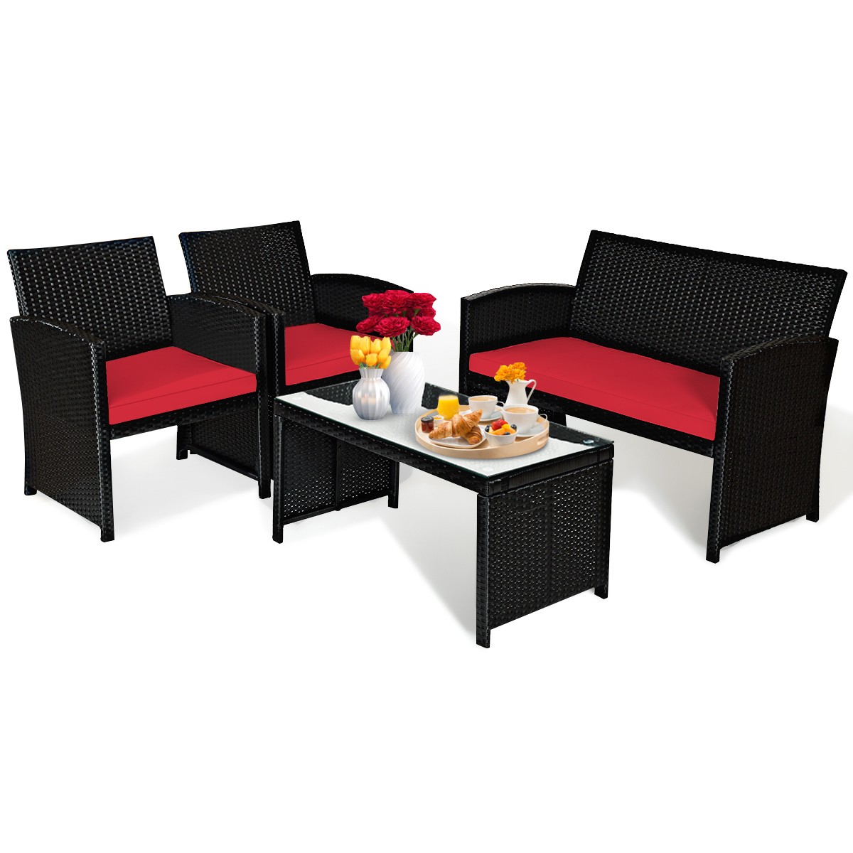 Patiojoy 4 Piece Outdoor Patio Rattan Furniture Set Red Cushioned Seat For