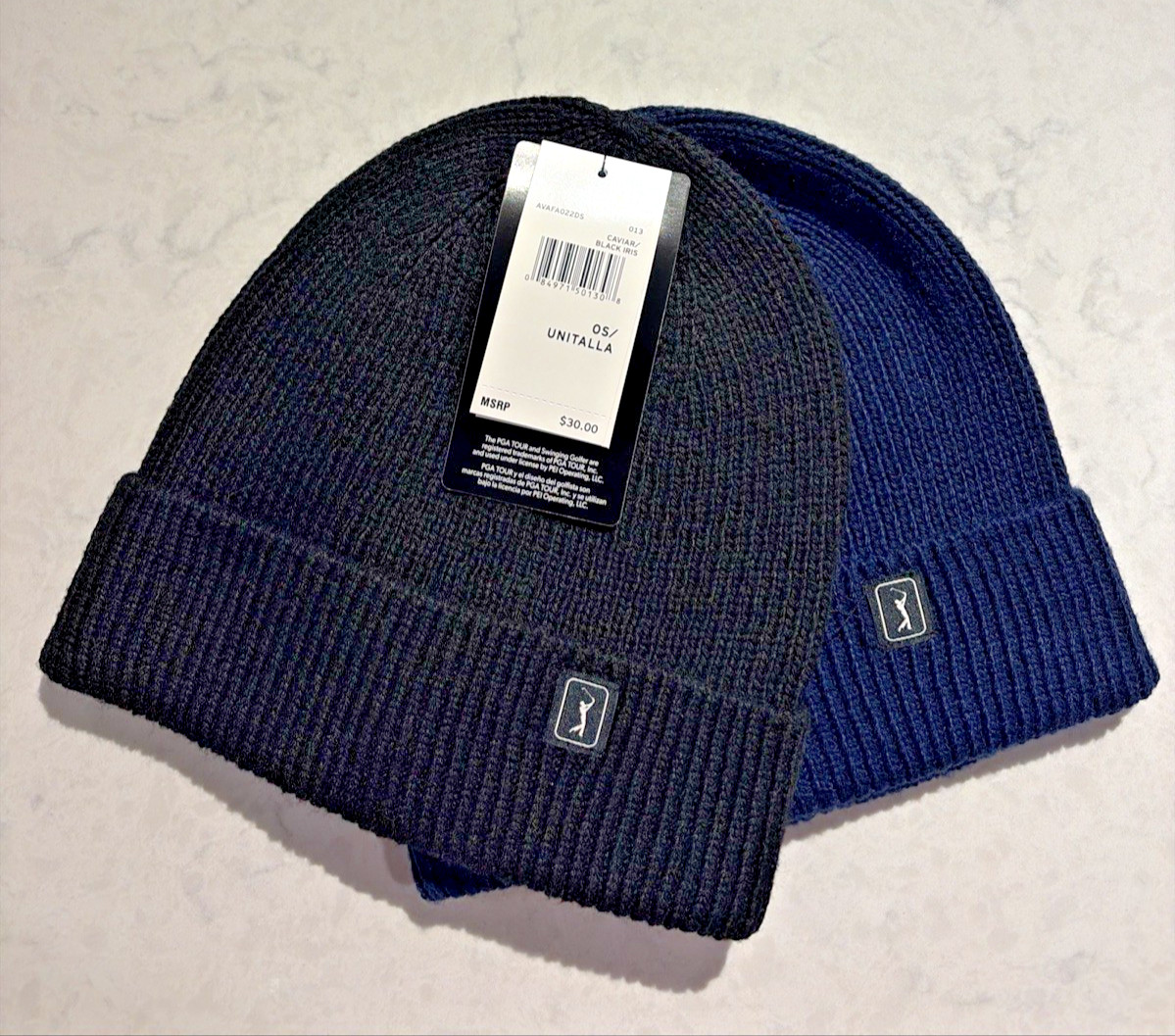PGA Tour Men’s Beanie 2-Pack Recycled Polyester Logo Hats Caviar & Black Iris