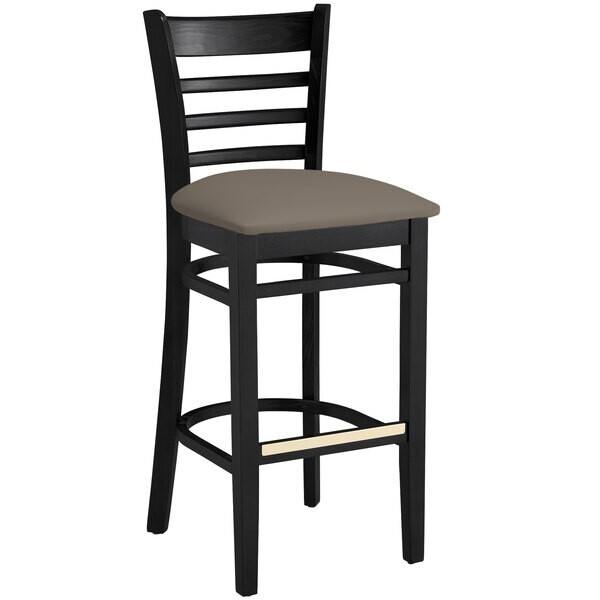 Black Wood Finish Ladder Back Restaurant Barstool with Taupe Vinyl Seat
