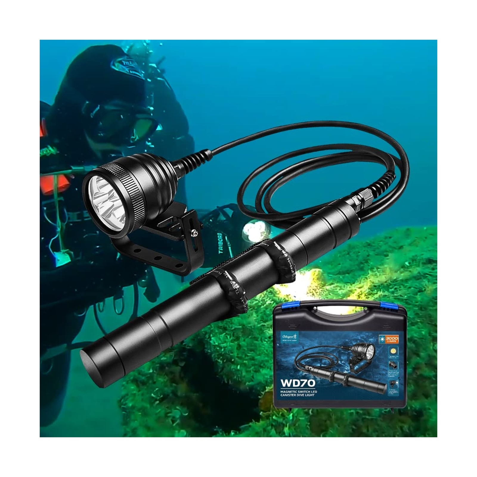 WD70 3000 Lumens Canister Dive Light Technical Diving Flashlight Kit with Adj...