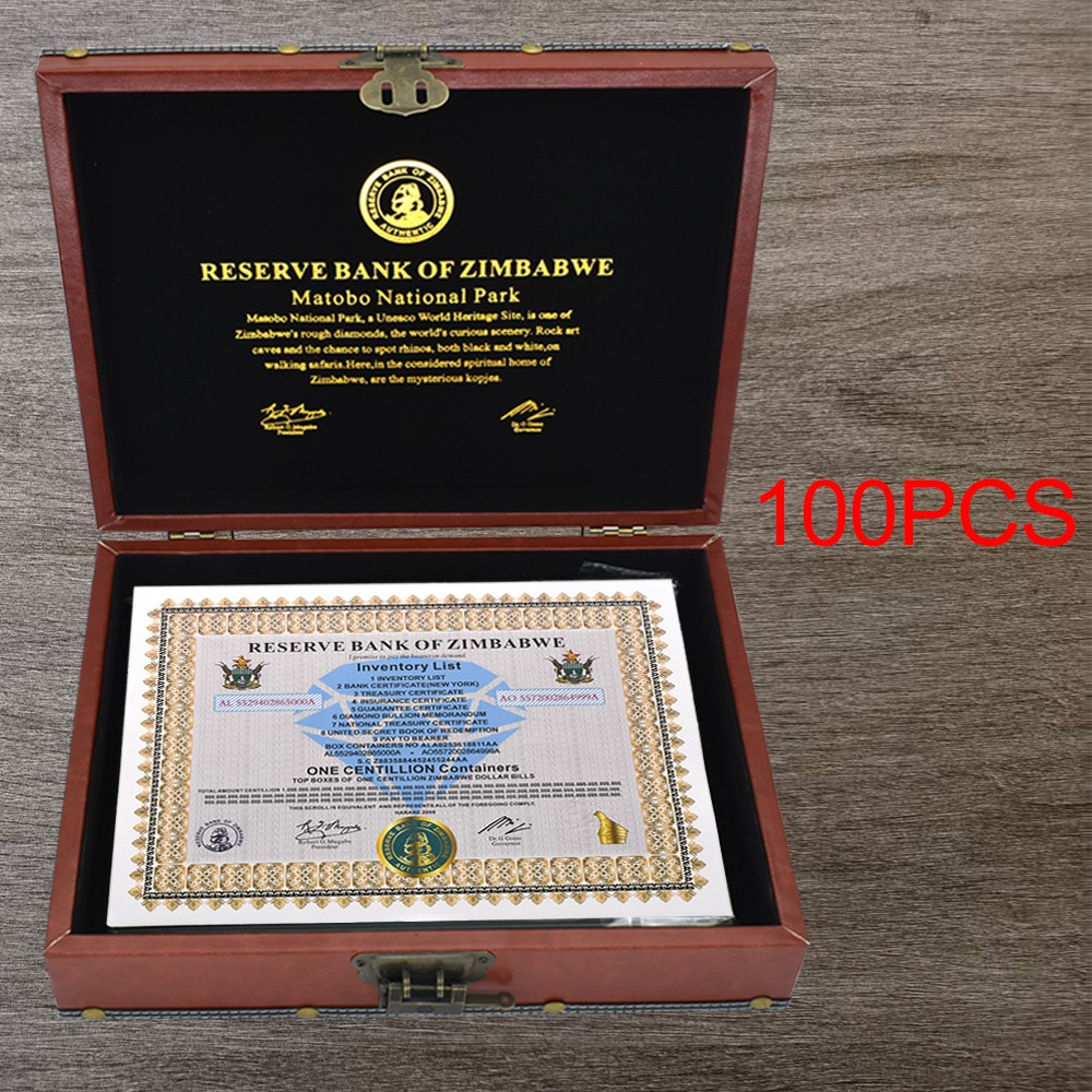 100pcs/box Zimbabwe One Centillion Containers Banknote Certificate Collection