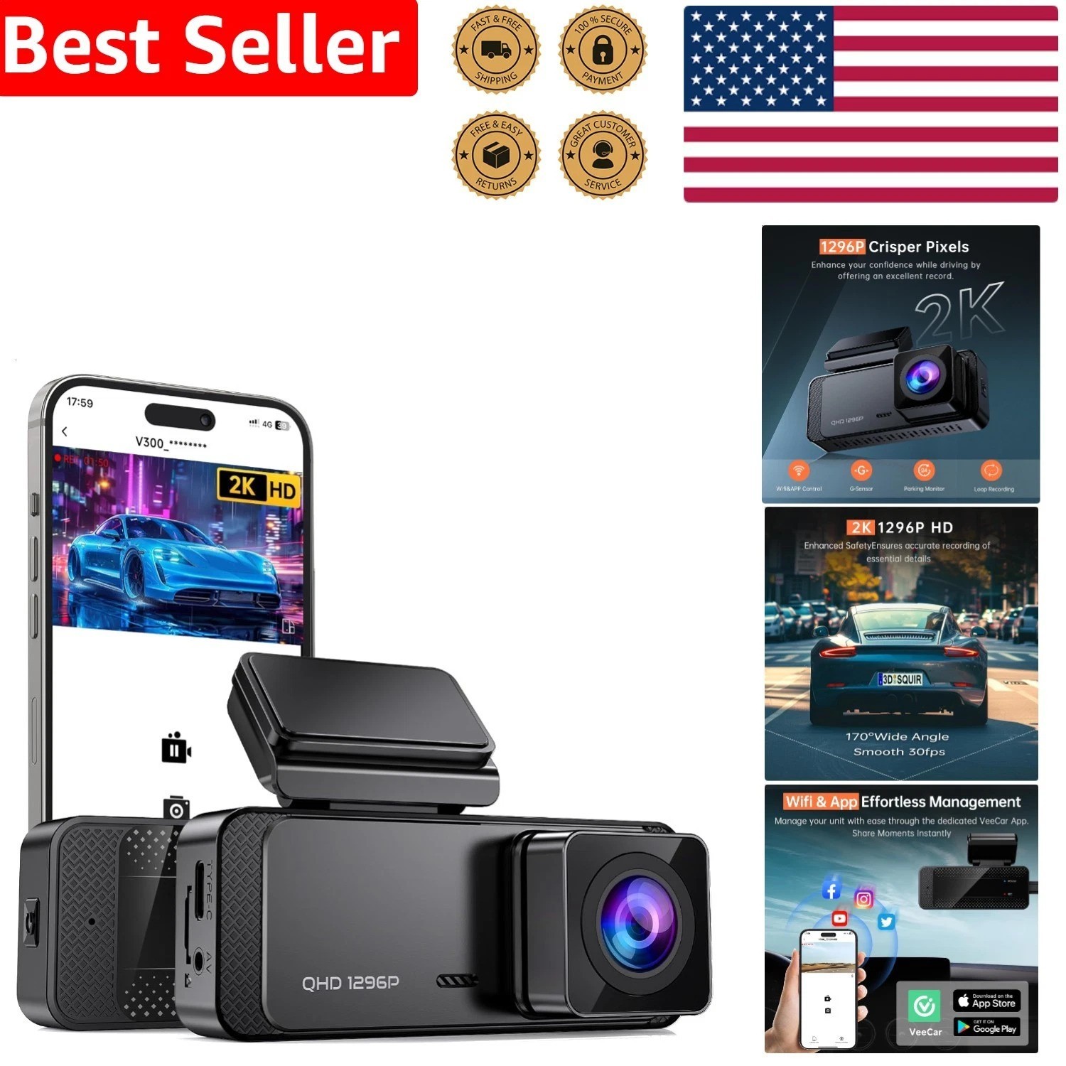 V300 Dash Camera 1296P Front WiFi Car Night Vision Loop Record