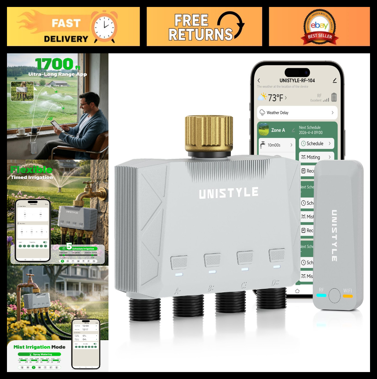 1700FT WiFi 4 Zone Garden Hose Timer, Smart Sprinkler Controller, Alexa/Google C