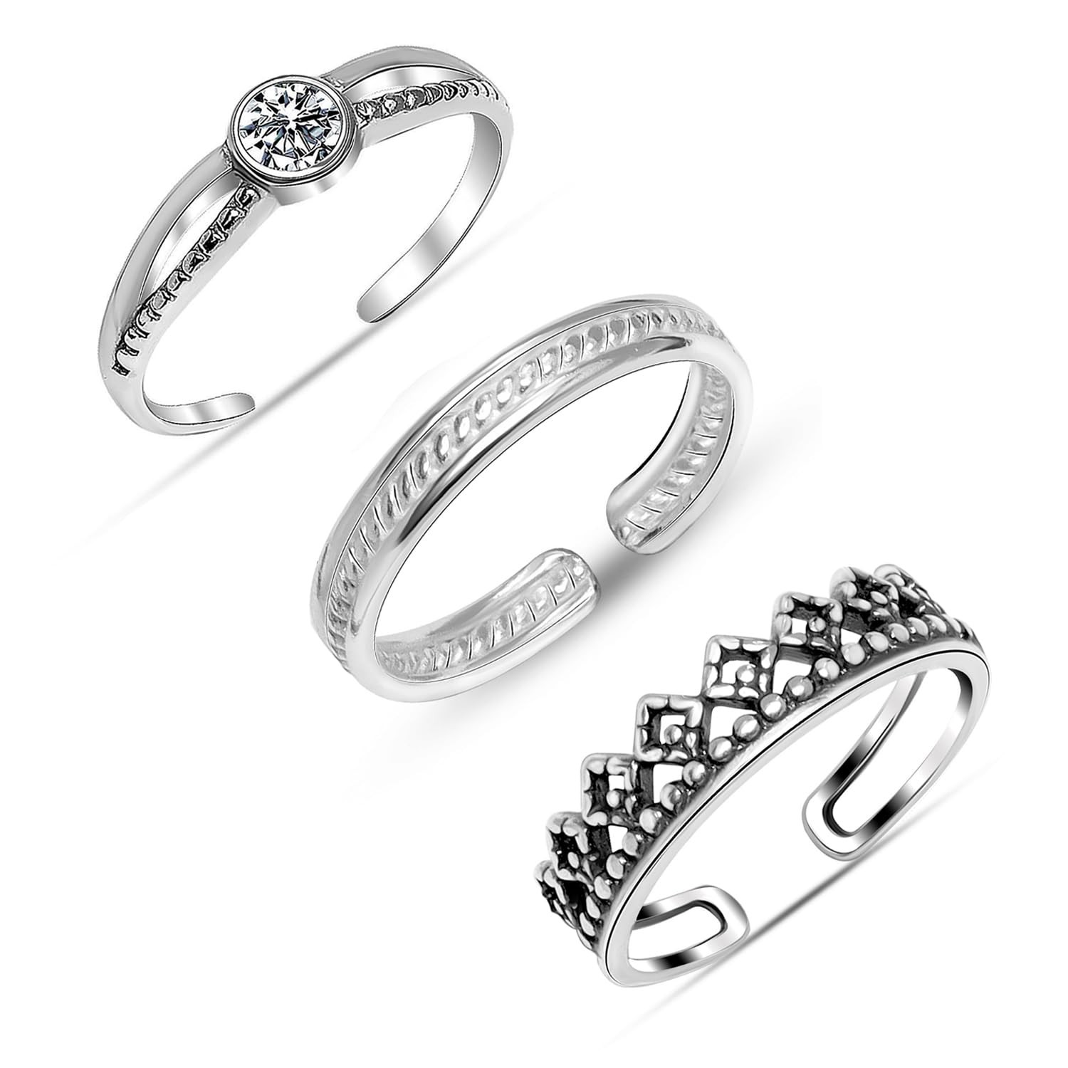Set of 3 Pcs 925 Sterling Silver CZ Toe Rings for Women | Antique Open Adjust...