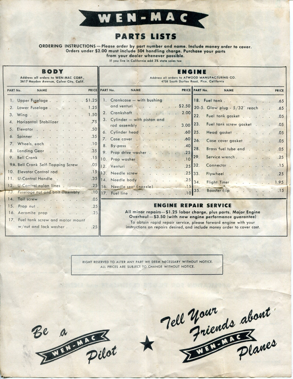 Vintage Wen-Mac Plane & Engine Guarantee and Parts List