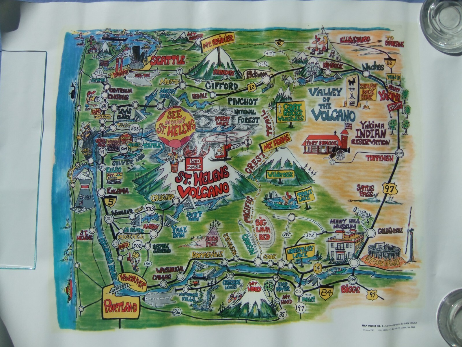 1981 Cartoonographix WA State Map Poster No. 1 by Cartoonist Dan Youra St Helens
