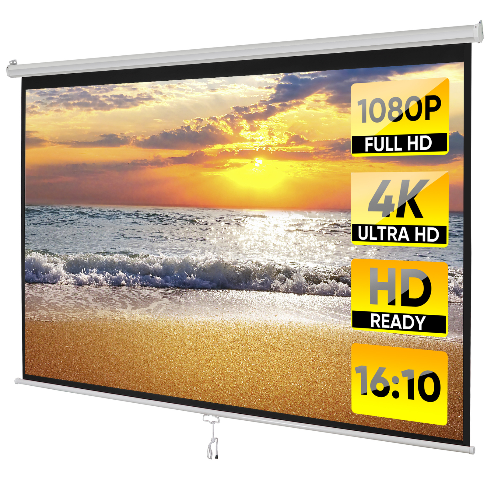 100" Diagonal Projection Screen Manual Pull Down Projector Screen 16:10 HD White