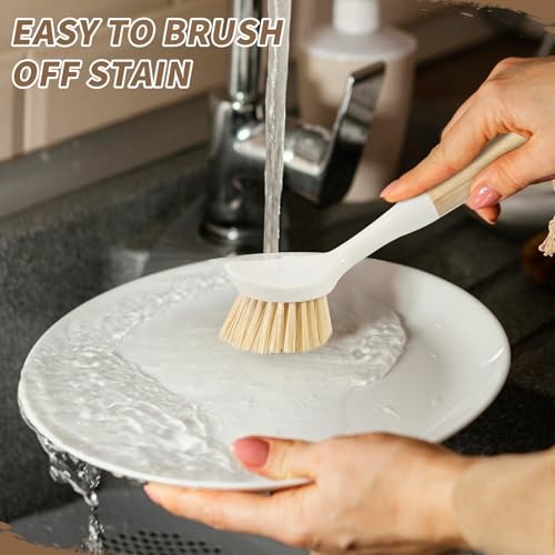 Dish Brush with Built-in Scraper - 4 Pack Bamboo Dish Scrubber Brush with