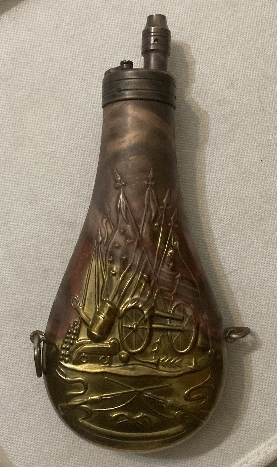 Antique Brass Black Powder Flask with Embossed Cannon and American Flag - 1920’s