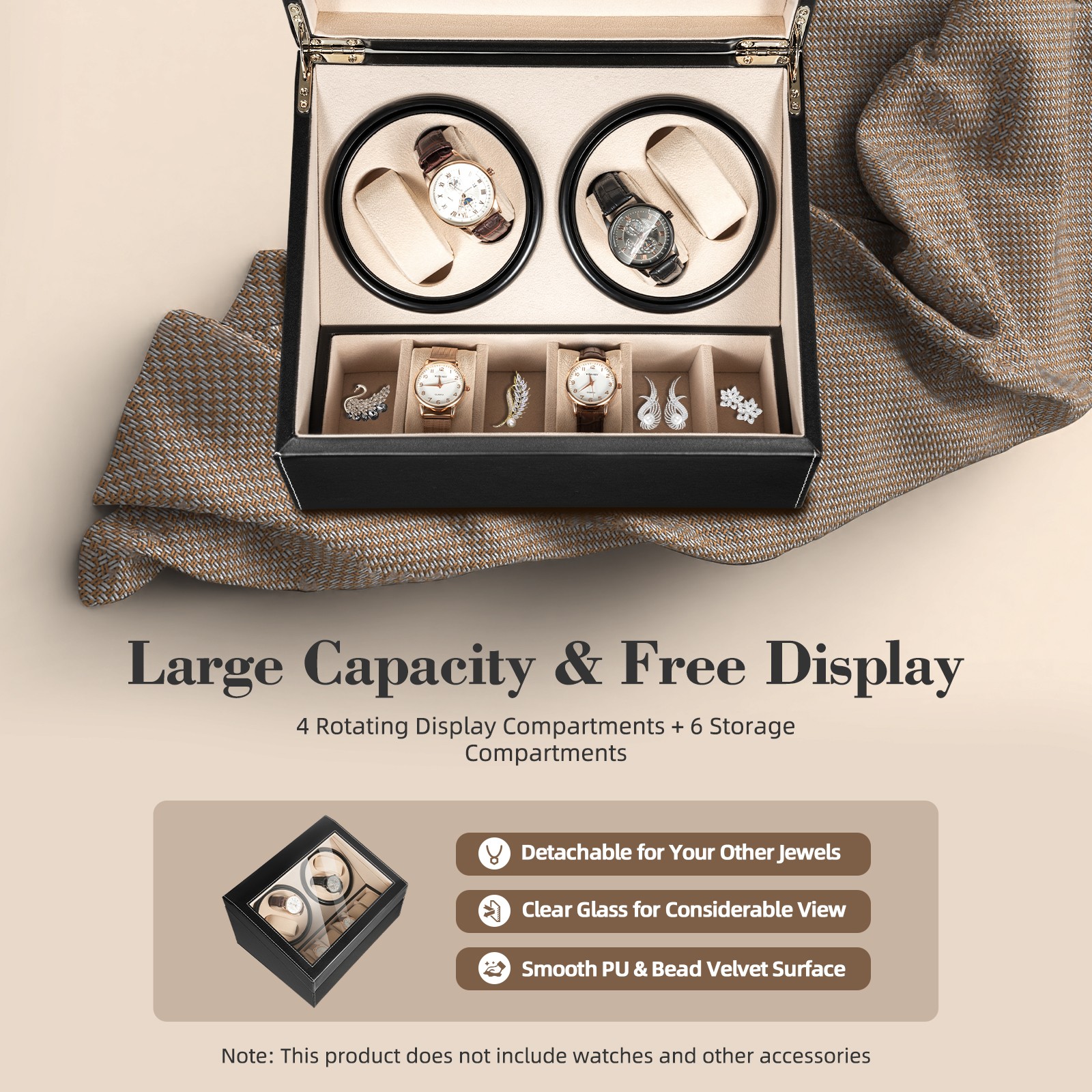 4+6 Automatic Rotation Watch Winder Leather Storage Case Display Box For Gift US