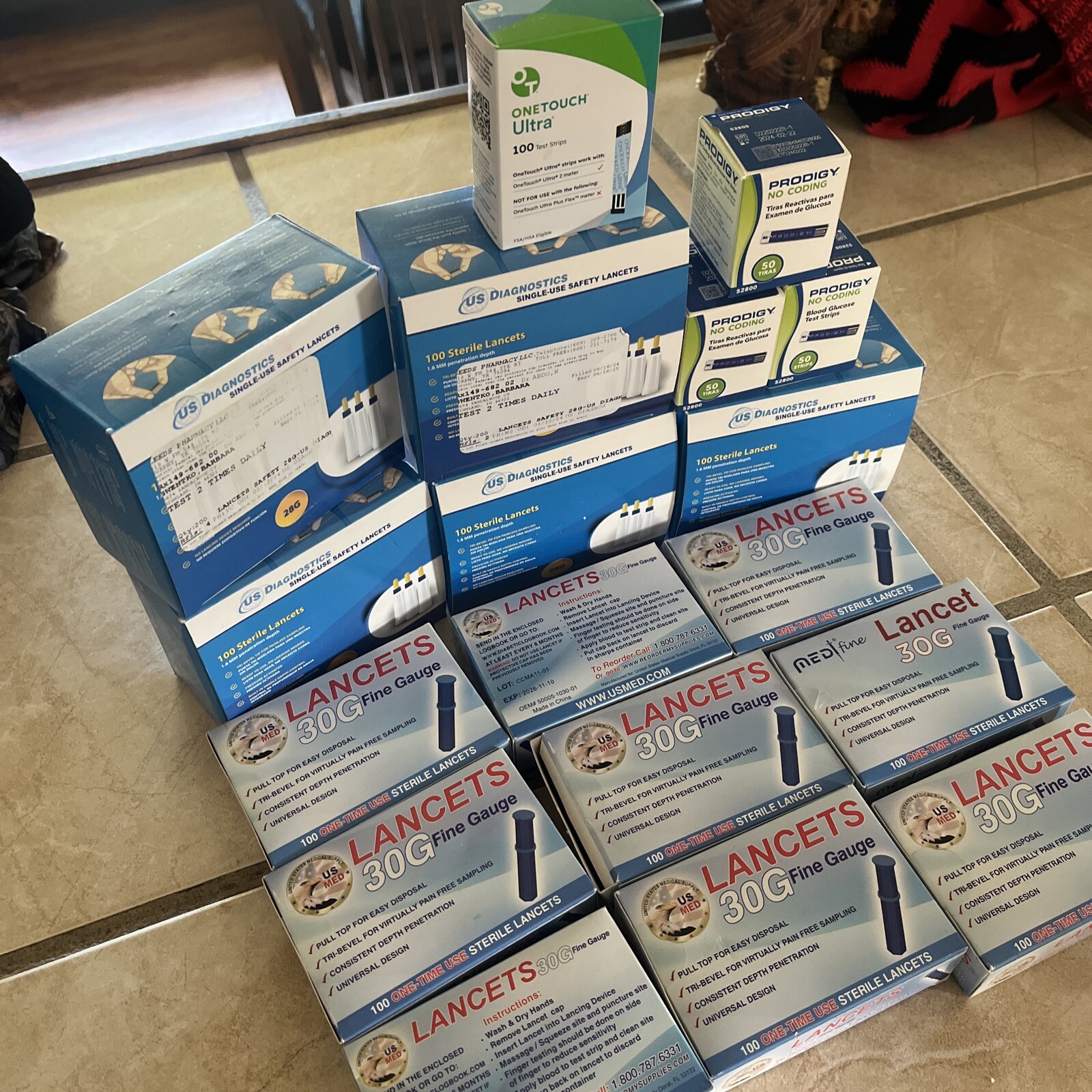 5 boxes of 100lancets 9 boxes 30g one touch and 3 boxes prodigylook description