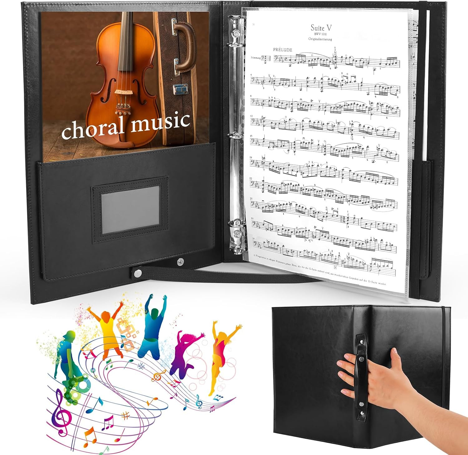 Choral Music Holder, Leather Sheet Music Folder Black, 3 Ring Binder with Handle
