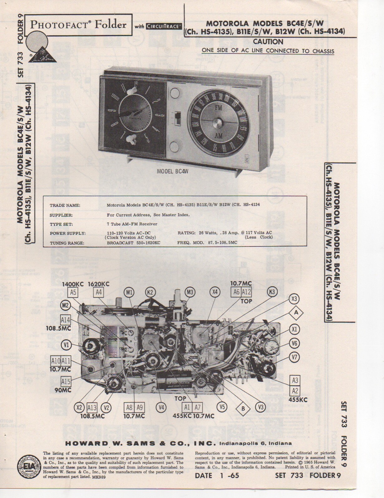 1965 MOTOROLA BC4E RADIO SERVICE MANUAL PHOTOFACT B11E B11S B11W B12W 1C4S BC4W