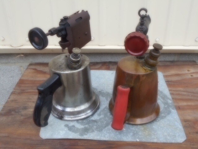 2 Vintage  Brass Blow Torches Red Handle & Wards Controls work not frozen