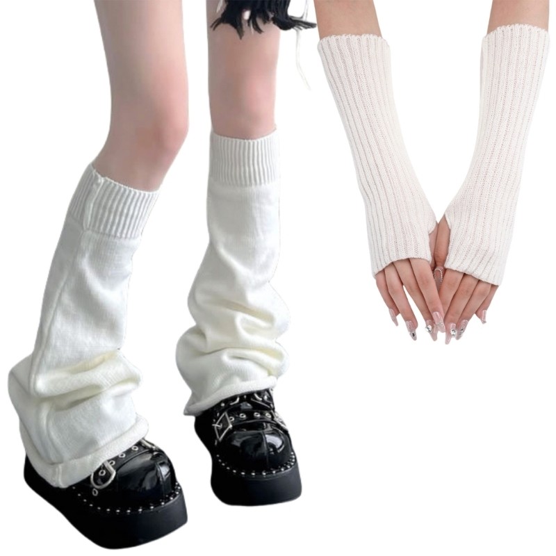 Japanese Style Ribbed Gloves And Over Knee Socks Warm Elasticized Pair