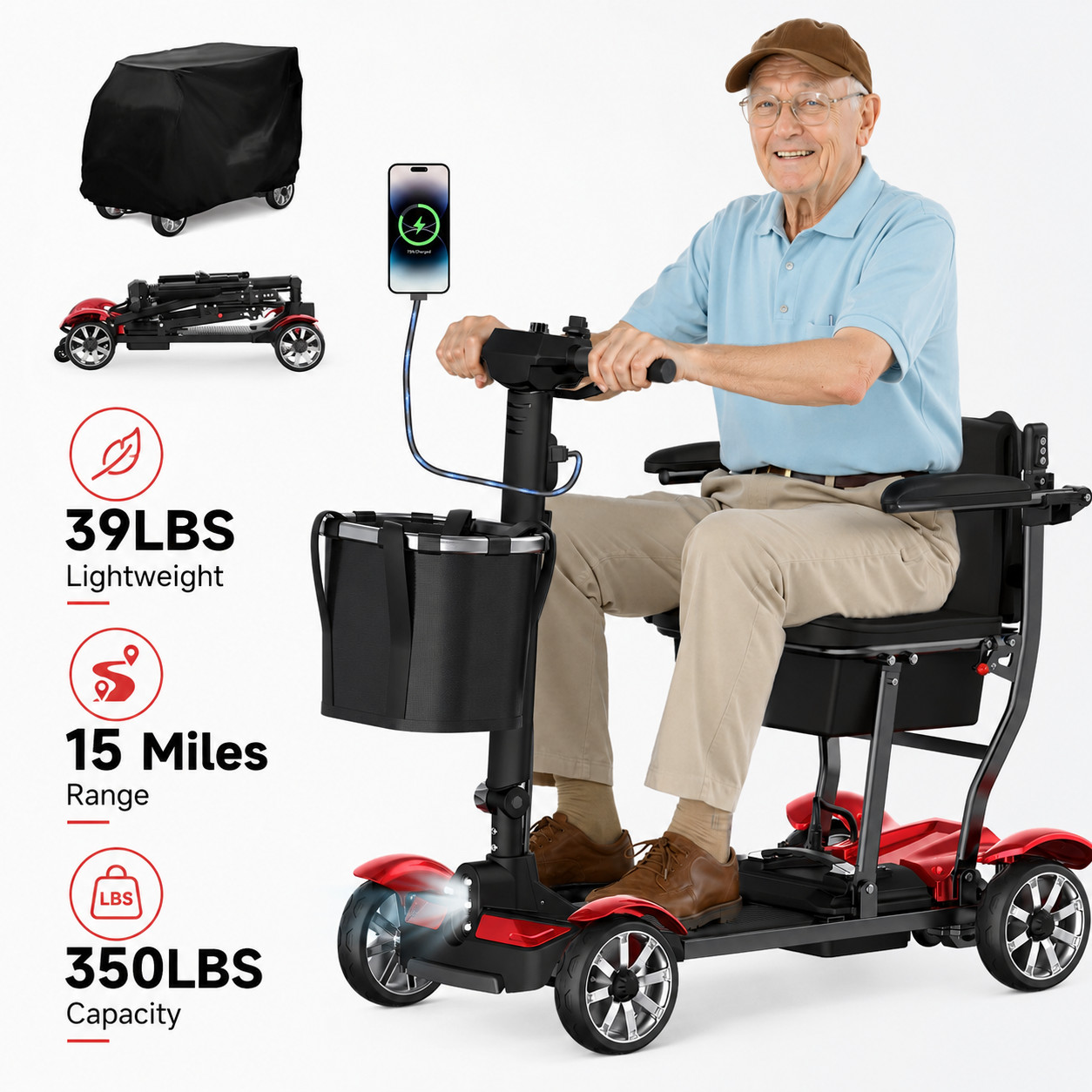 39lb Foldable Travel Mobility Scooter 4 Wheel for Seniors 15 Mile 350lb Airline