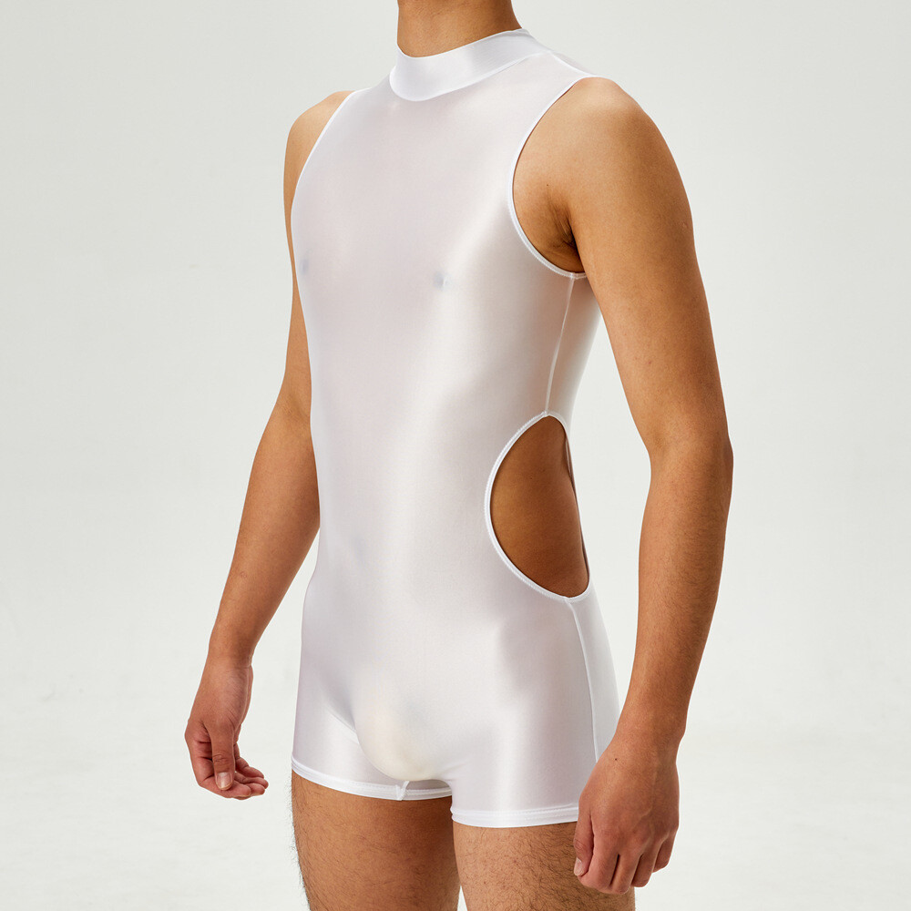 Men Bodysuit Jumpsuit Catsuit Hollow Out Ntlon Oiled Sexy Lingerie Sleeveless