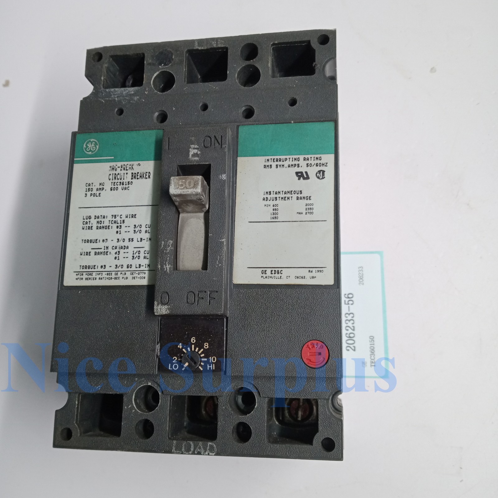 GE Circuit Breaker TEC36150 # 206233-56