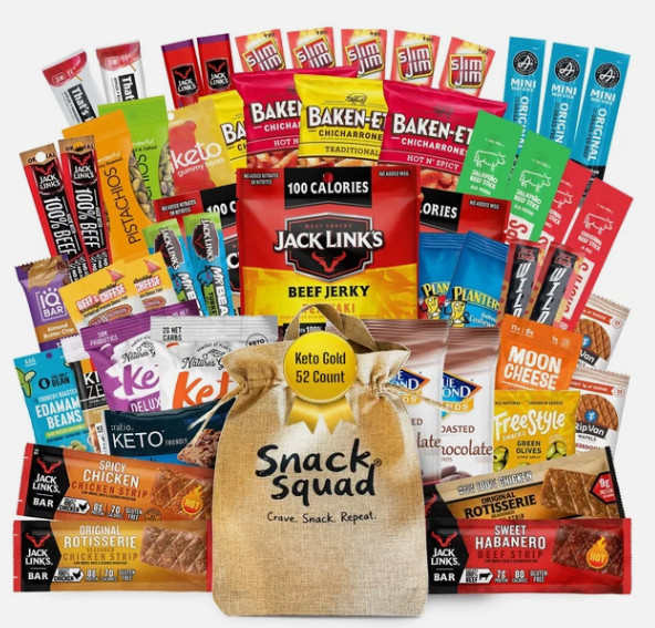 Keto Friendly Beef Jerky, Pork Rinds, Nuts, Variety Gift Snack 52 Count Box