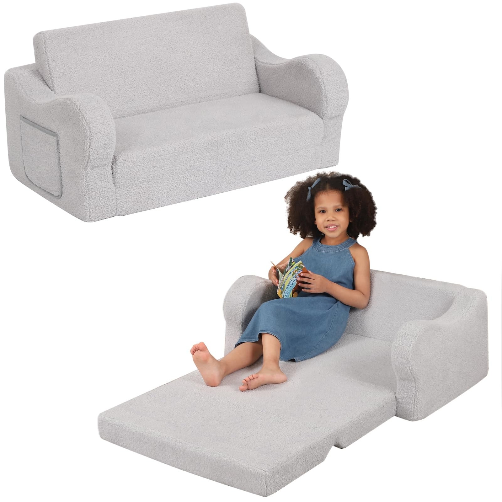 Extra Wide Toddler Chair, 2-in-1 Toddler Couch Fold Out, Convertible Sherpa S...