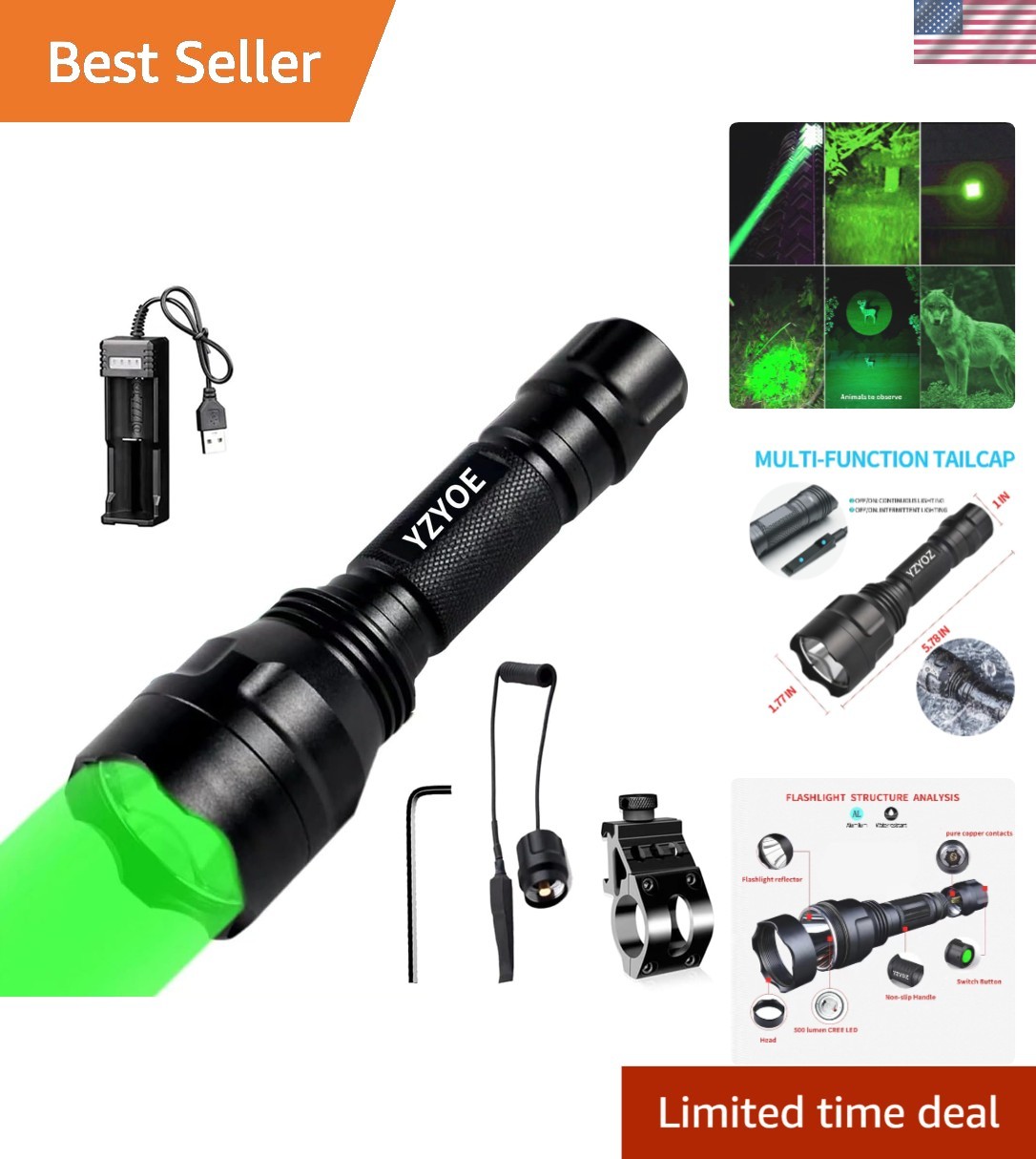 Durable 500-Lumen Green LED Flashlight with Picatinny Rail Mount - Tactical Kit