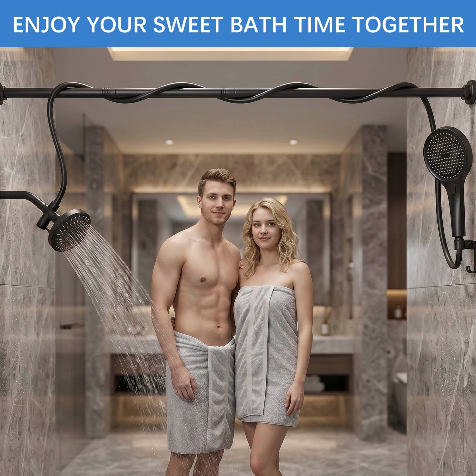 High Pressure Black Adjustable Dual Shower Head with Handheld System for Couples