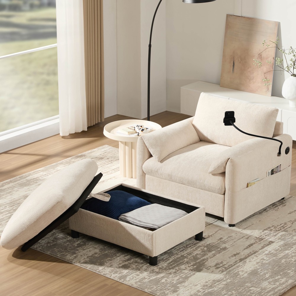 37" Chenille Cloud Chaise Lounge w/ Storage Ottoman & USB Charger