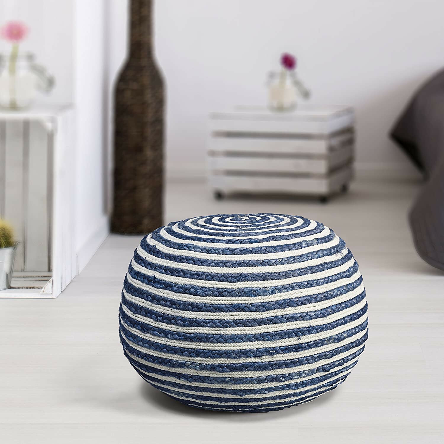 Pouf Jute & Cotton Natural Braided 20"x20"x14" Black&White round cushions Cover
