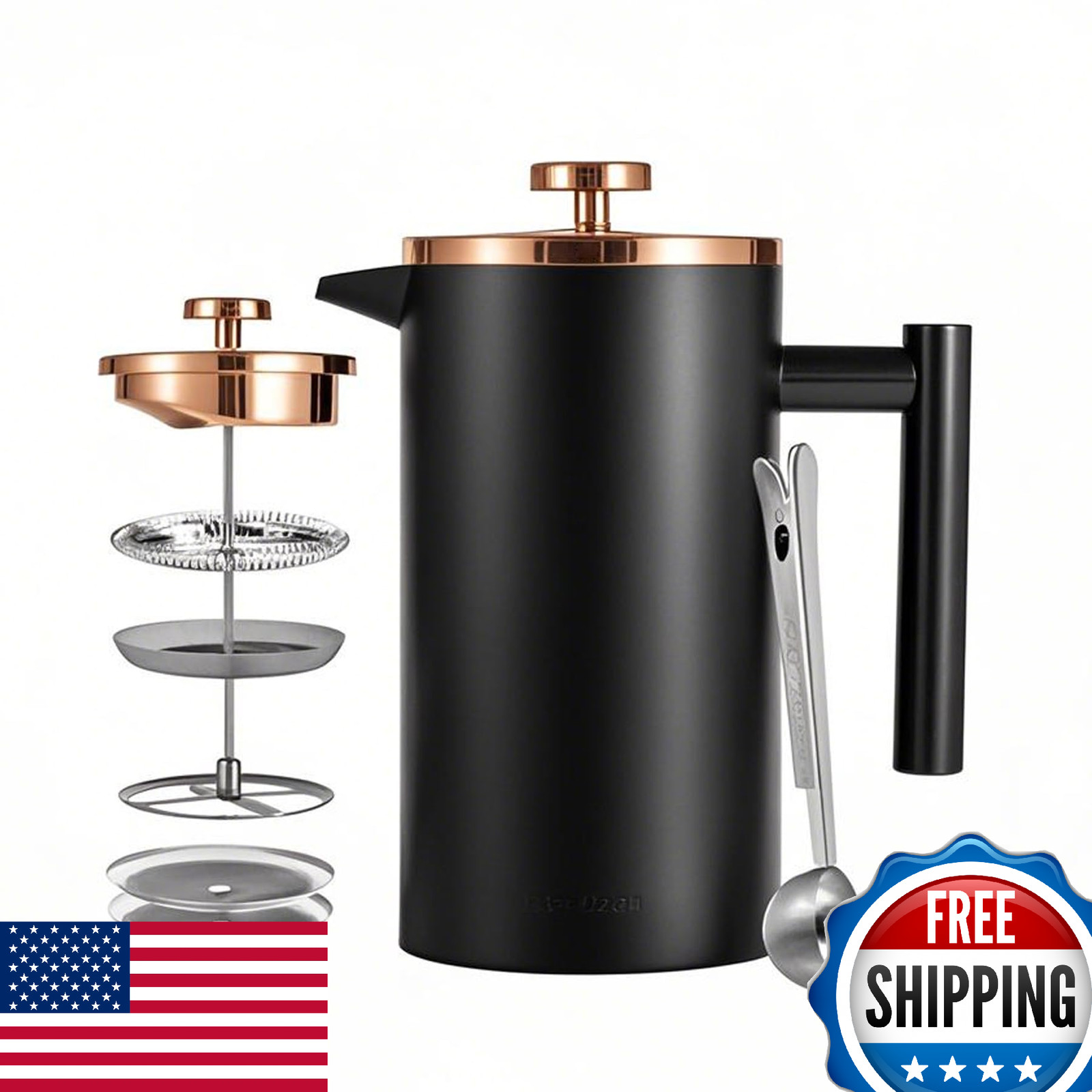 Meelio Black French Press 34oz Stainless Steel Double Wall Insulated Coffee