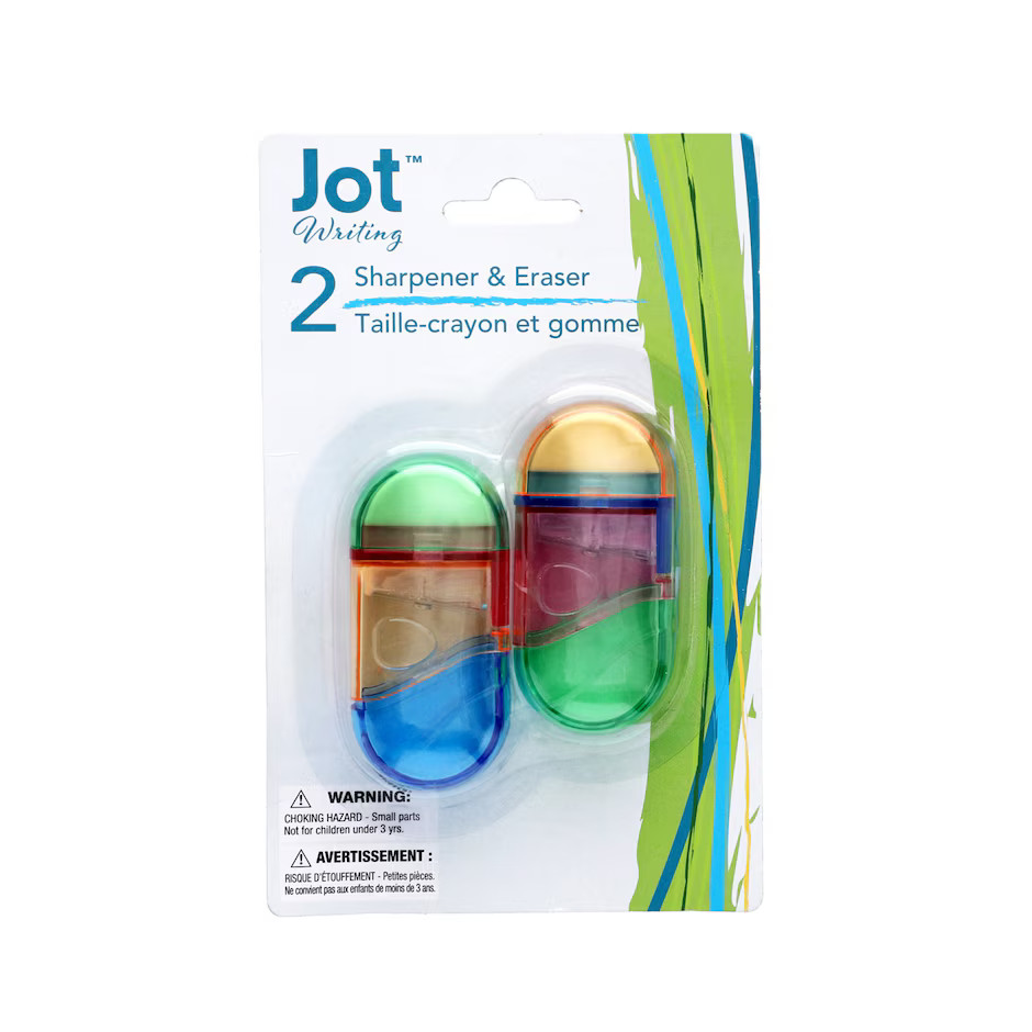 2-in-1 Pencil Sharpener & Eraser Combo, Pack of 2 Assorted Colors
