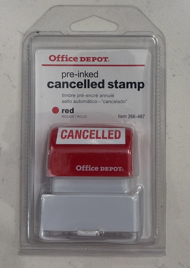 Office Depot Brand Pre-Inked Message Stamp, "CANCELLED", Red NEW