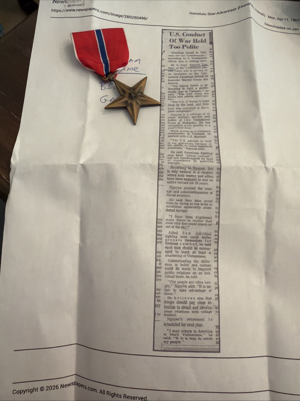 Vietnam War Era, US Army Bronze Star Medal, named to  Vietnamese Soldier