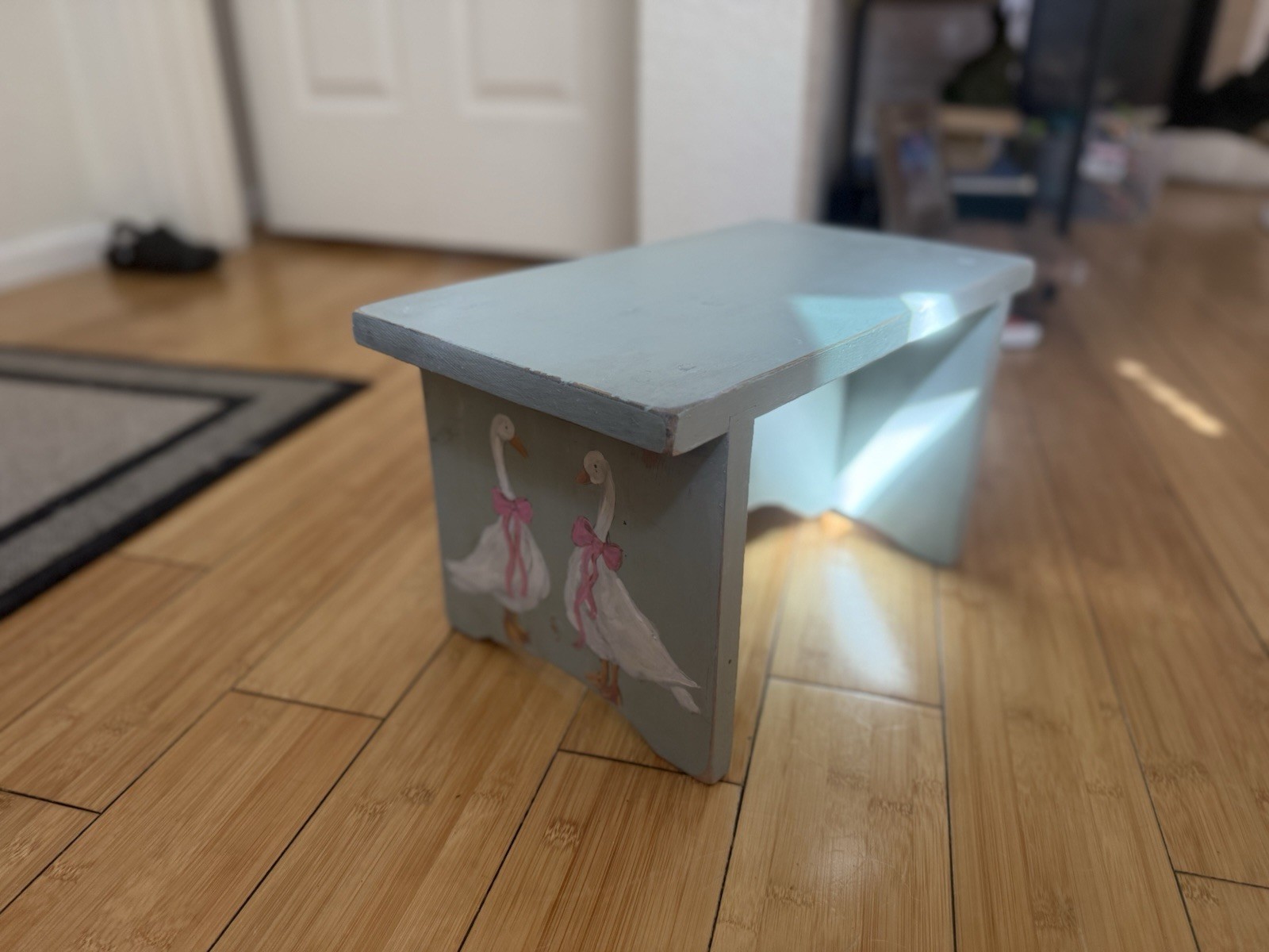 Two Silly Geese Hand Painted Foot Stool Signed by Artist