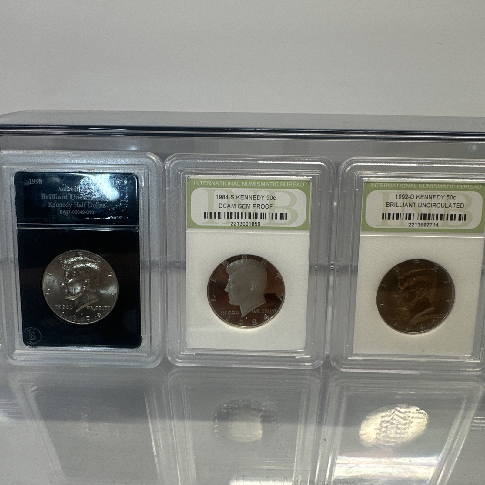 3 JFK Slabs. BU Gem.  1998, 1984-S, 1992-D. Bradley. INB.