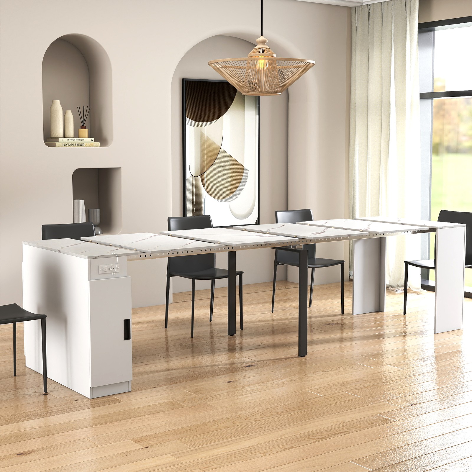 Modern Multifunctional Extendable Dining Table with Outlet, Space Saving Table